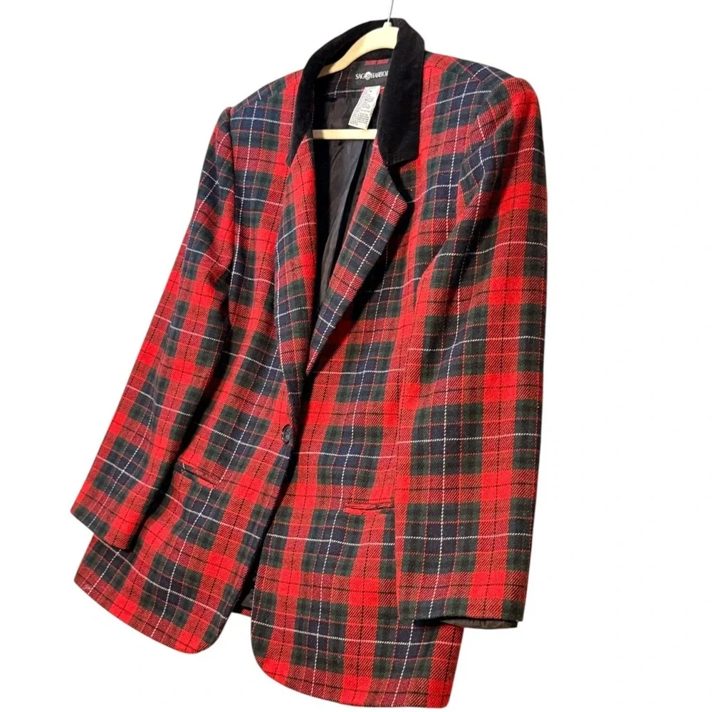 Womens Vintage Tartan Plaid Blazer 16 Red Wool Velvet Collar Sag Harbor Classic